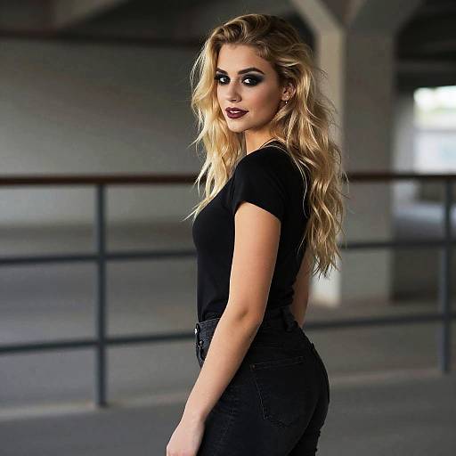 Confident Blonde Woman in Black Outfit with Dramatic Makeup Urban Portrait