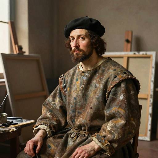 Portrait of a Male Painter in Traditional Artist Attire in Studio