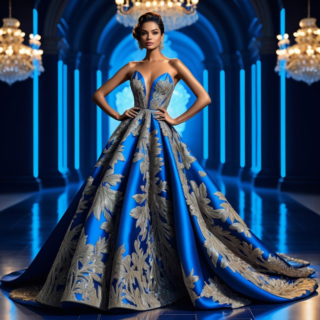 Glamorous Blue Ball Gown with Golden Embroidery