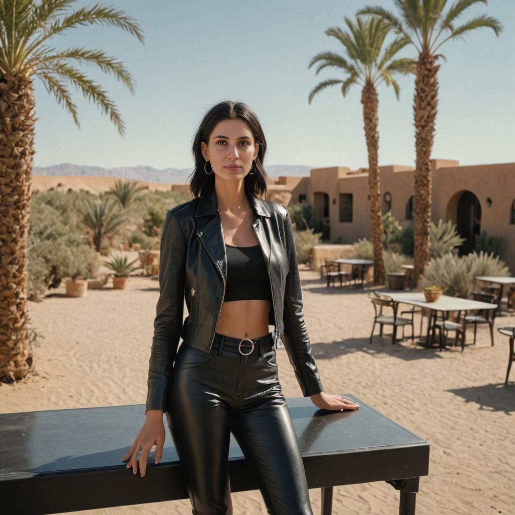 Stylish Woman in Black Leather Jacket at Desert Oasis