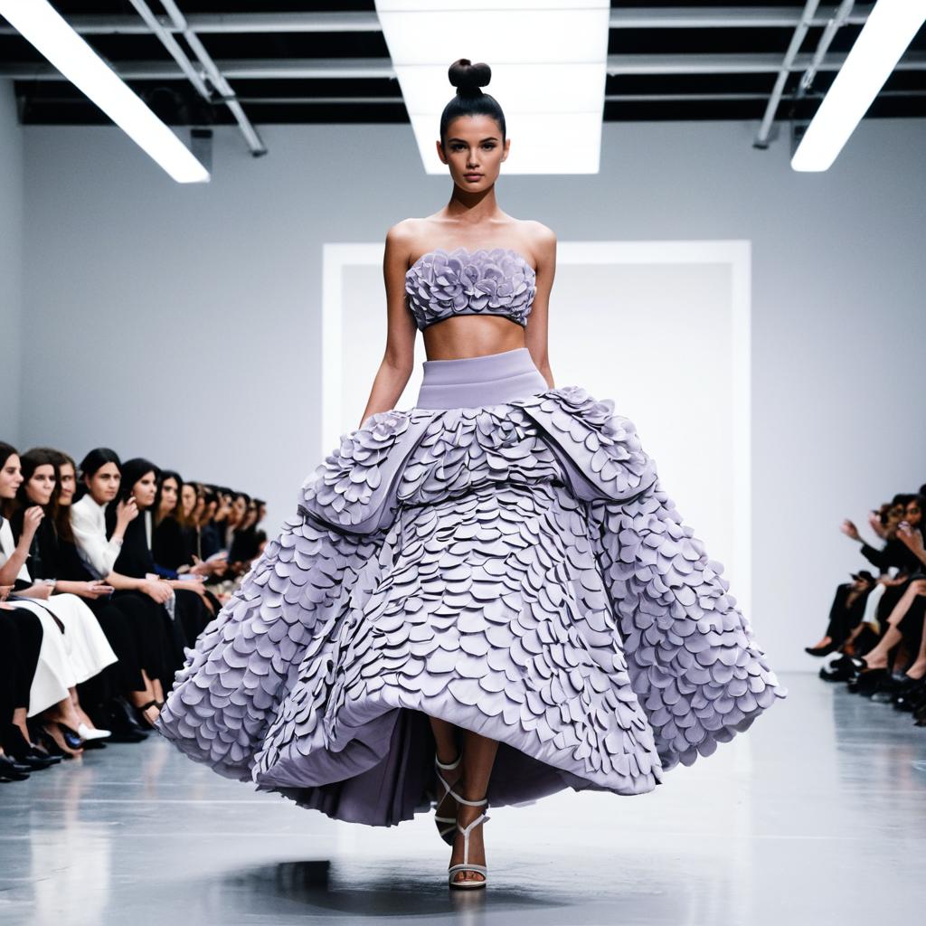 Lavender Textured Petal-Patterned Two-Piece Dress on Runway Fashion Model