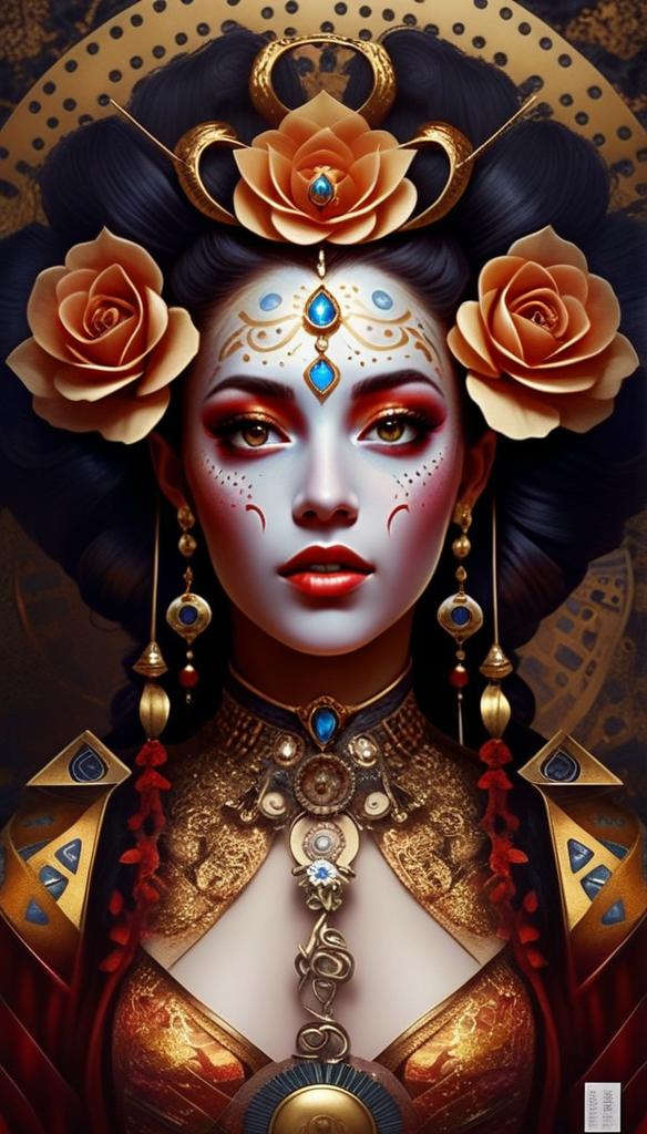 Regal Woman in Golden Jewelry with Peach Flowers