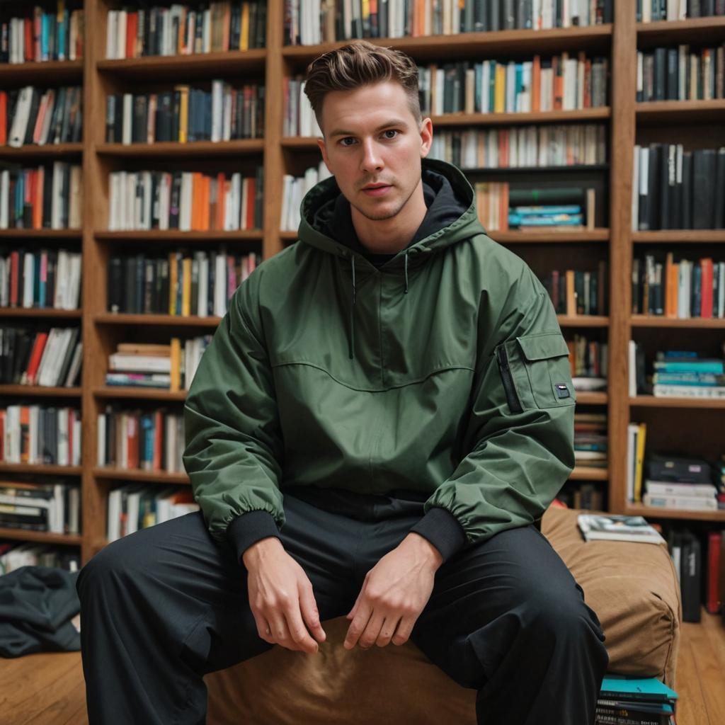 Confident Man in Green Jacket by Bookshelf