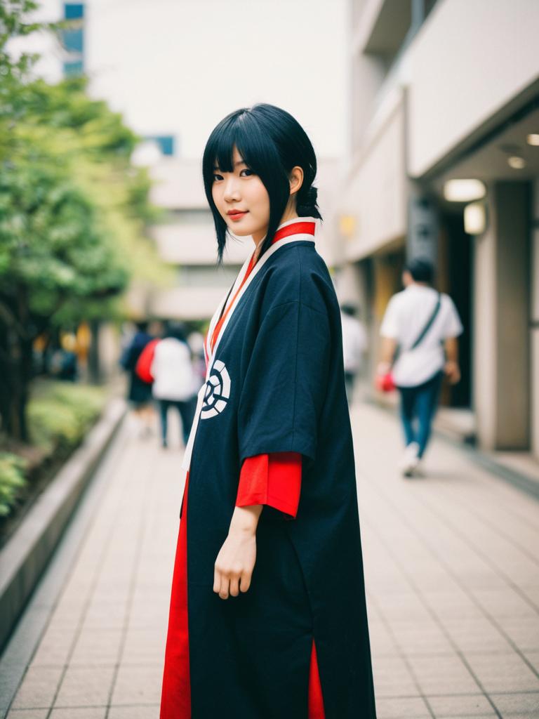 Young Woman in Traditional Japanese Kimono and Navy Haori on City Street