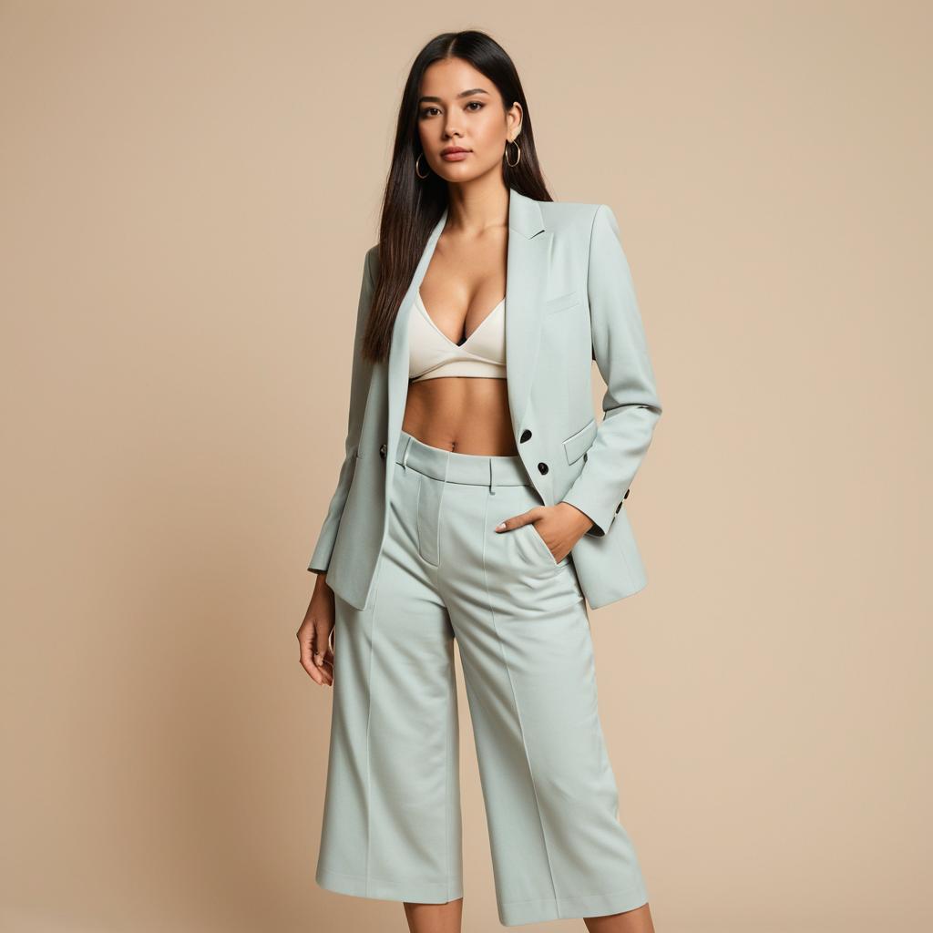 Confident Woman in Light Blue Pantsuit and White Bralette Fashion Portrait