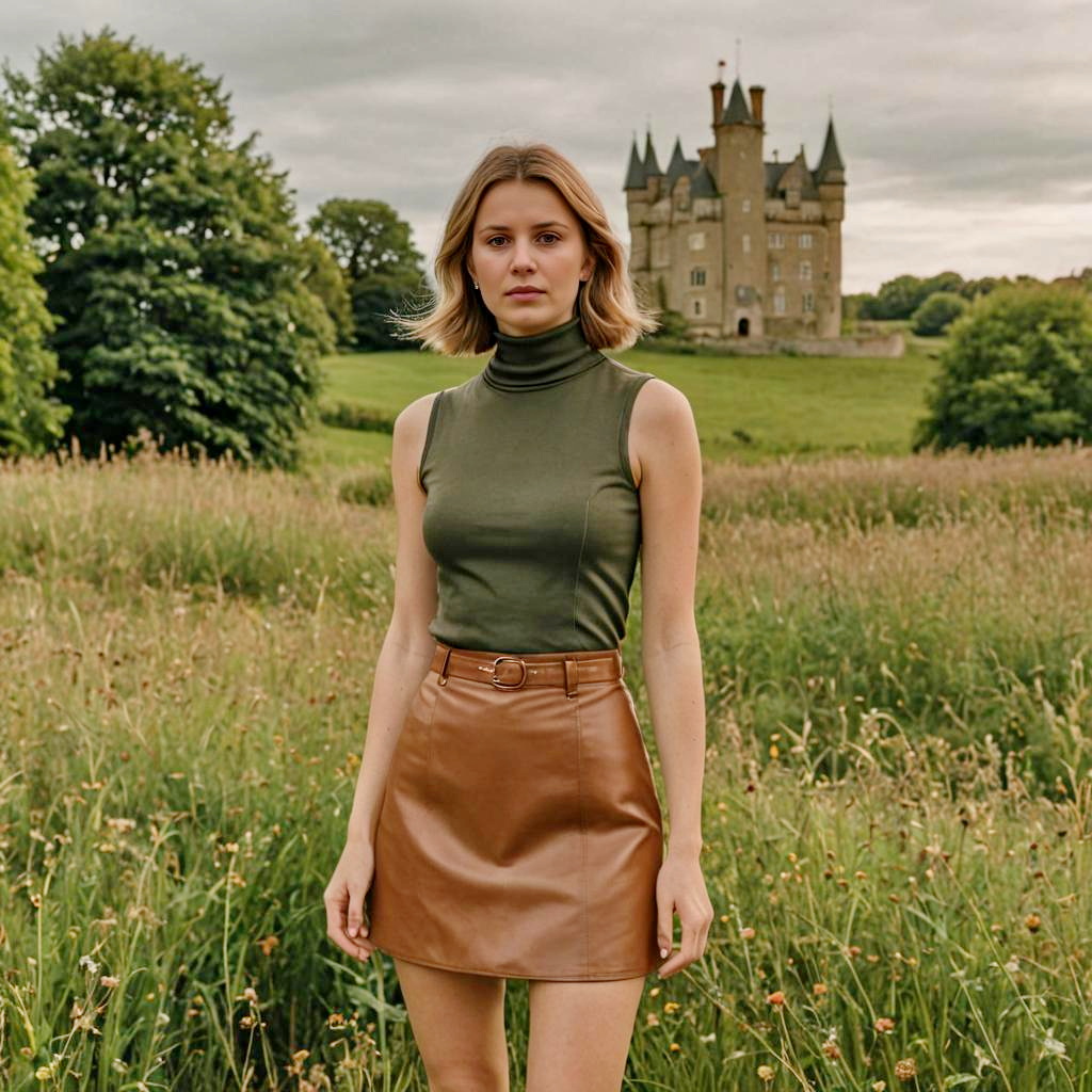 Stylish Woman in Olive Turtleneck and Leather Skirt in Green Field