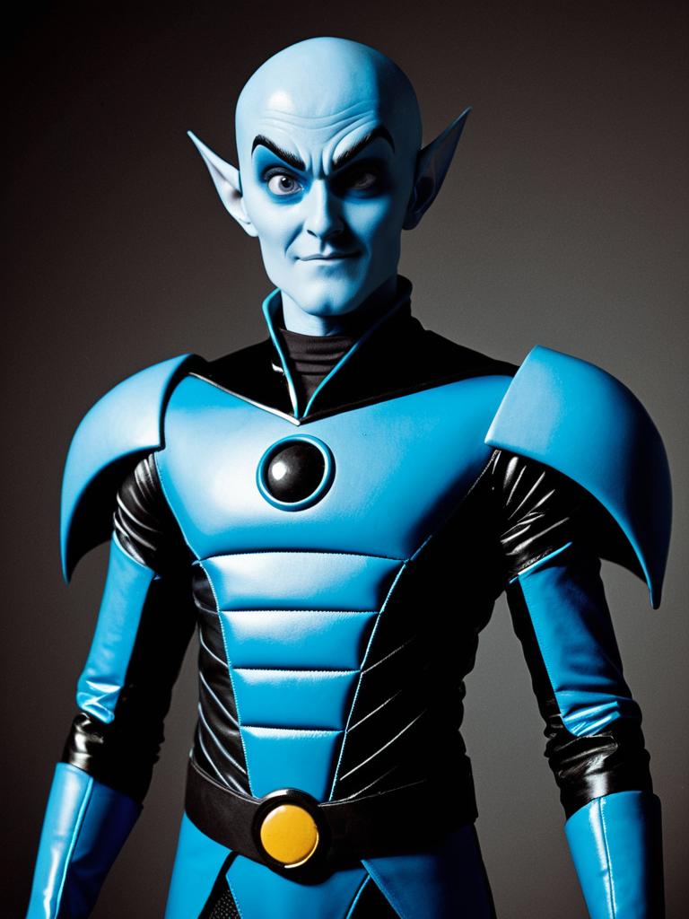 Man Wearing Photorealistic Megamind Costume Waist Up Editorial Portrait