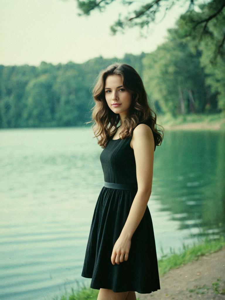 Elegant Young Woman in Black Dress by Lake with Forest Background Elegant Young Woman in Black Dress by Lake with Forest Background