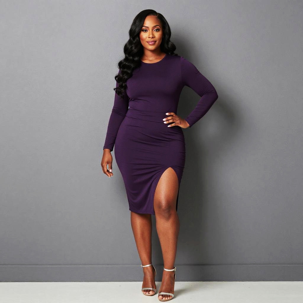 Confident Woman Wearing Purple Long-Sleeve Dress with Thigh-High Slit