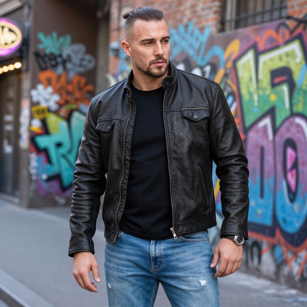 Stylish Man in Black Leather Jacket with Urban Graffiti Background