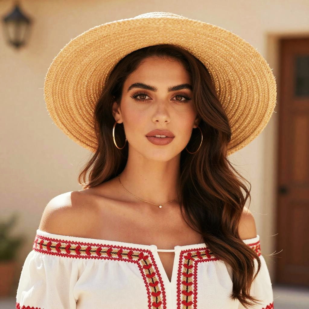 Confident Woman in Straw Hat and Embroidered Off-Shoulder Blouse