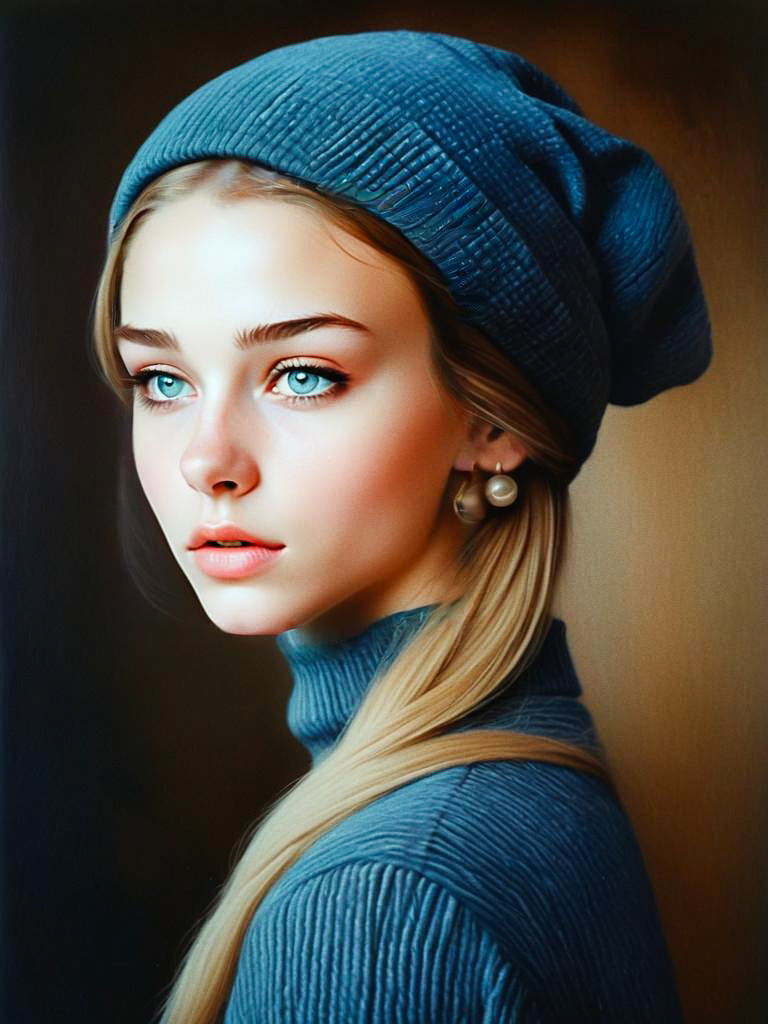 Young Woman in Blue Beanie and Turtleneck