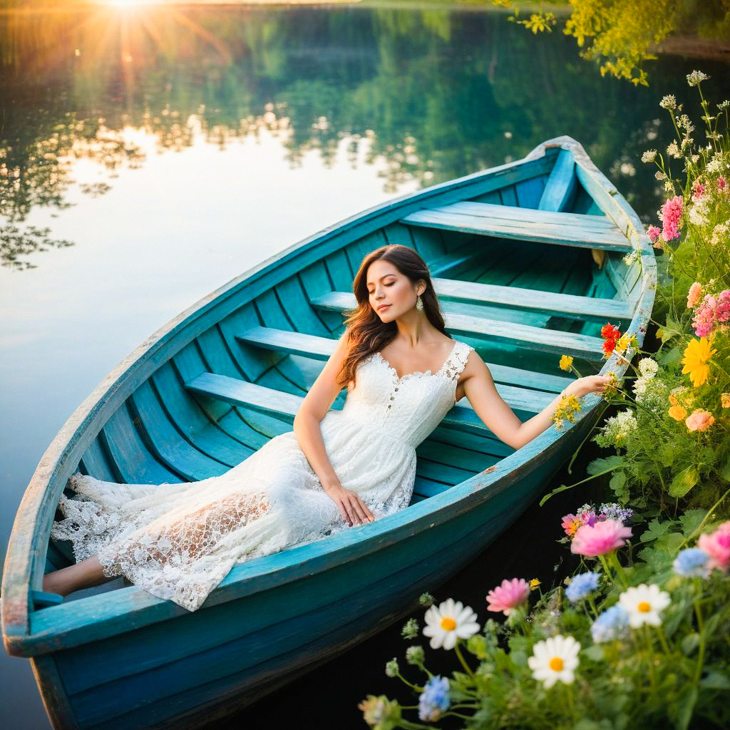 Woman in White Lace Dress in Turquoise Boat