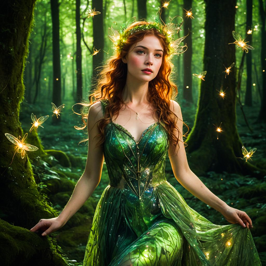 Enchanting woman in green dress in a magical forest with fireflies
