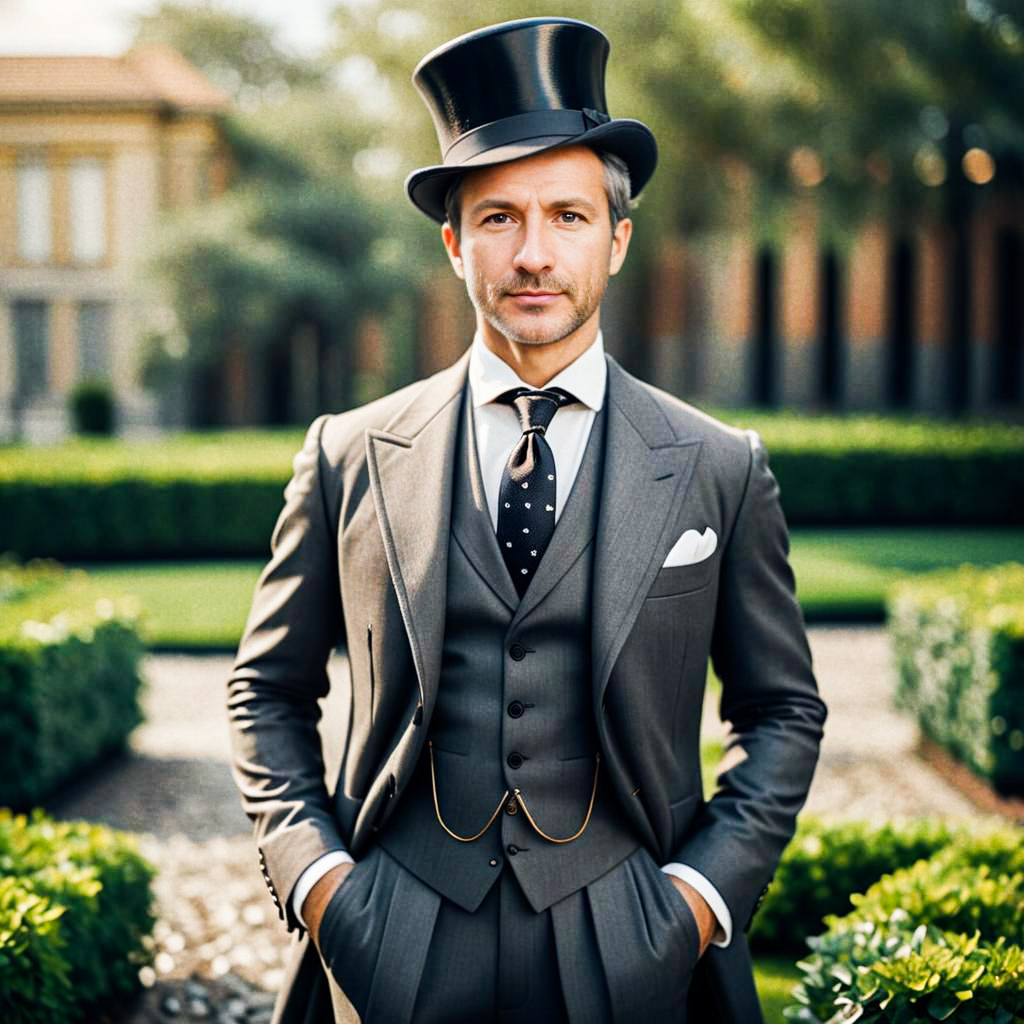 Dapper Man in Grey Suit with Top Hat in Lush Garden