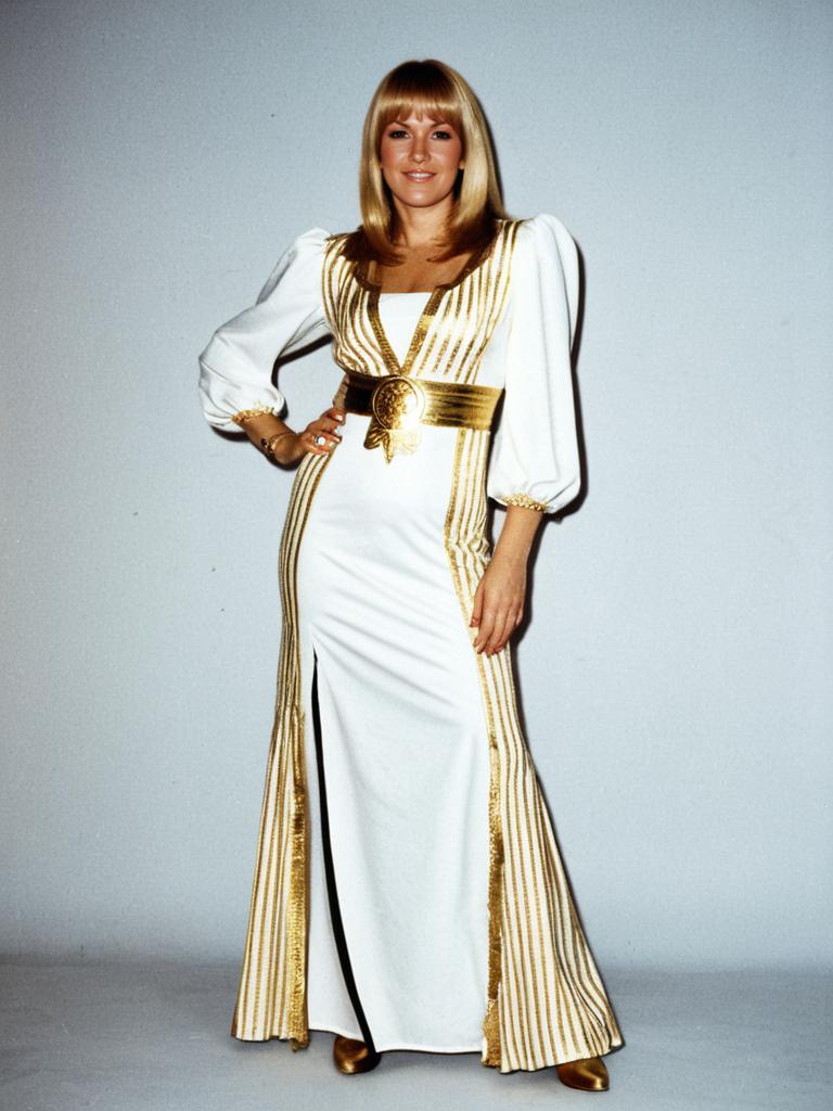 Woman in Vintage White and Gold Striped Formal Dress with Gold Belt