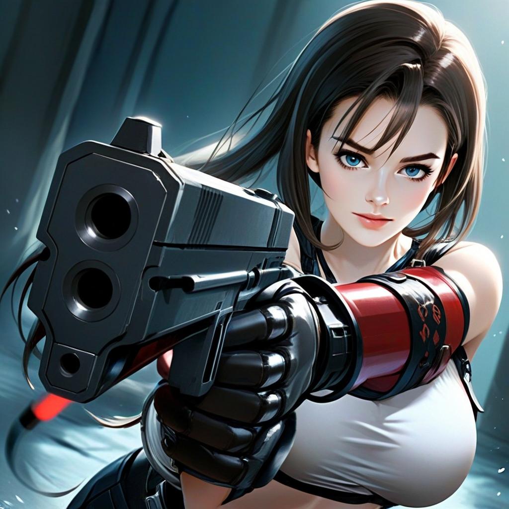 Digital Art of Woman with Futuristic Gun and Mechanical Arm