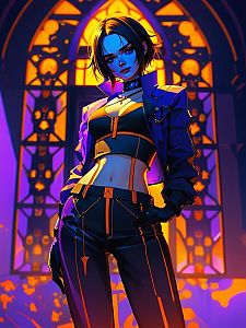 Confident Female Figure in Edgy, Futuristic Setting