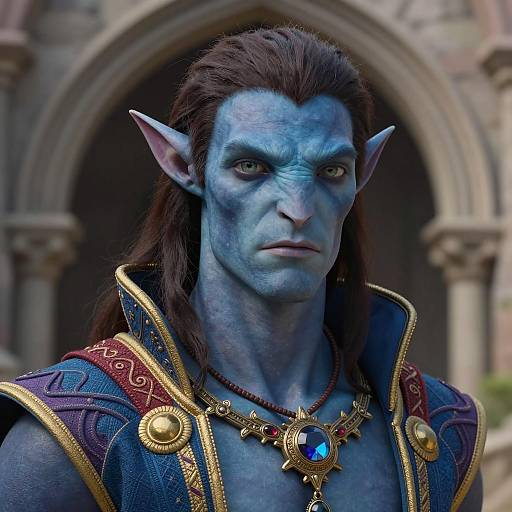 Fantasy Blue-Skinned Elf Warrior 3D Render in Ornate Armor