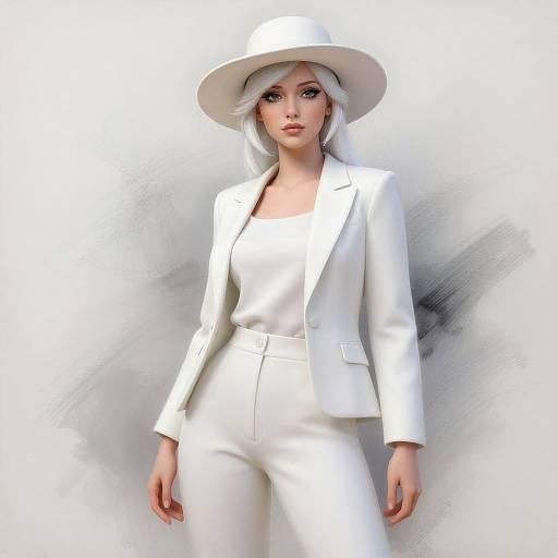 Elegant Woman in White Tailored Suit and Wide-Brimmed Hat Fashion Portrait
