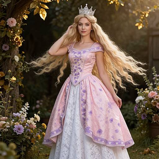 Princess in Pink Floral Gown with Crown in Enchanted Garden