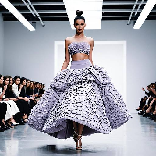 Lavender Textured Petal-Patterned Two-Piece Dress on Runway Fashion Model