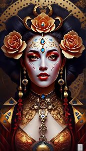 Regal Woman in Golden Jewelry with Peach Flowers