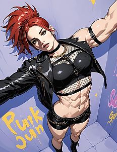 Muscular Punk Woman with Red Hair in Leather