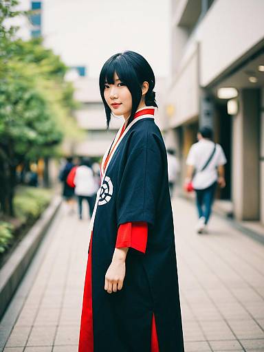Young Woman in Traditional Japanese Kimono and Navy Haori on City Street