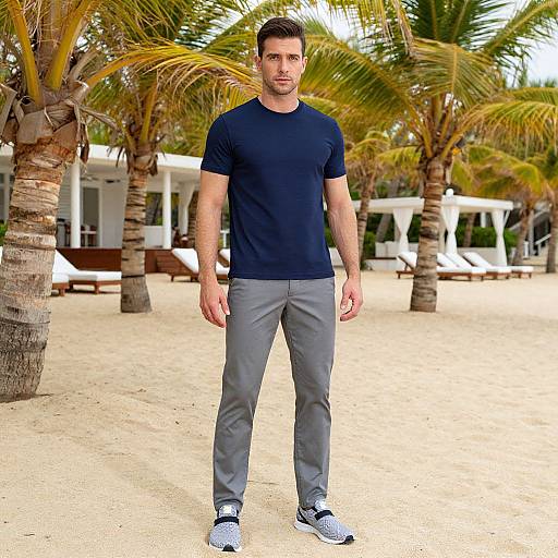 Man in Navy T-Shirt and Gray Pants on Tropical Beach with Palm Trees
