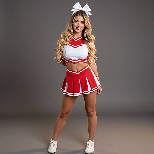 Young Woman in Red and White Cheerleader Outfit with Bow
