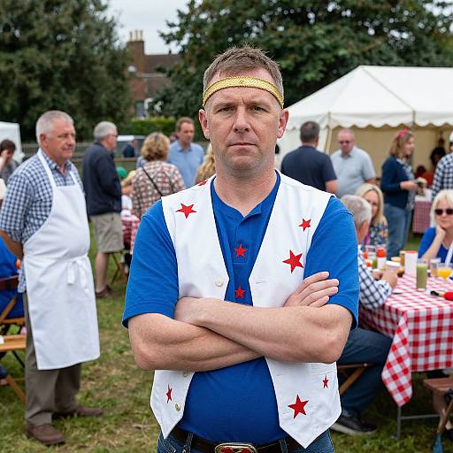 Man in Star-Decorated Vest at Outdoor Community Event