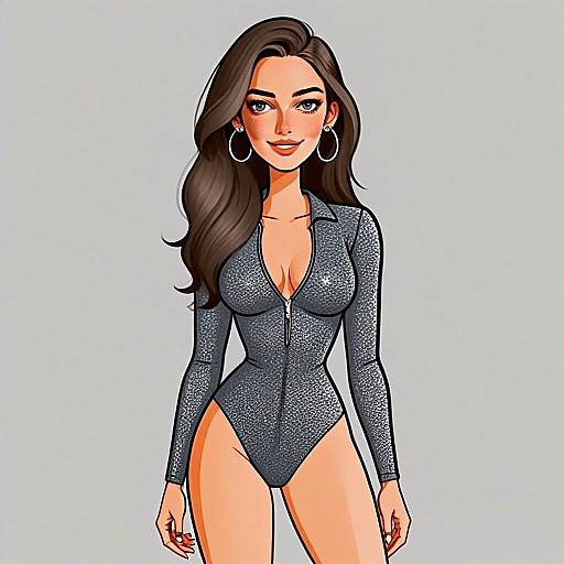 Stylish Woman in Silver Form-Fitting Bodysuit Digital Illustration