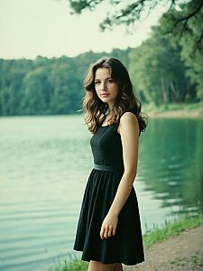 Elegant Young Woman in Black Dress by Lake with Forest Background