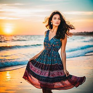 Woman in Flowing Dress at Sunset Beach