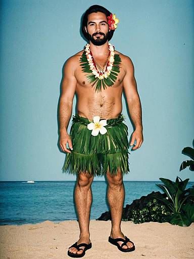 Man in Traditional Luau Costume with Flower Necklace on Beach