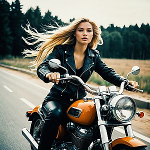 Confident woman on vintage orange motorcycle
