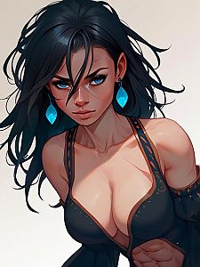 Confident Woman with Dark Hair and Blue Eyes