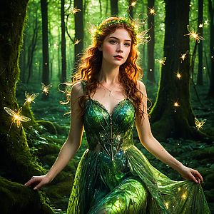 Enchanting woman in green dress in a magical forest with fireflies