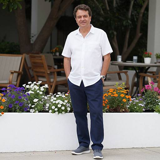 Casual Middle-Aged Man Standing Outdoors by Flower Bed