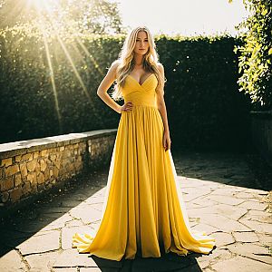 Blonde Woman in Yellow Gown Outdoors
