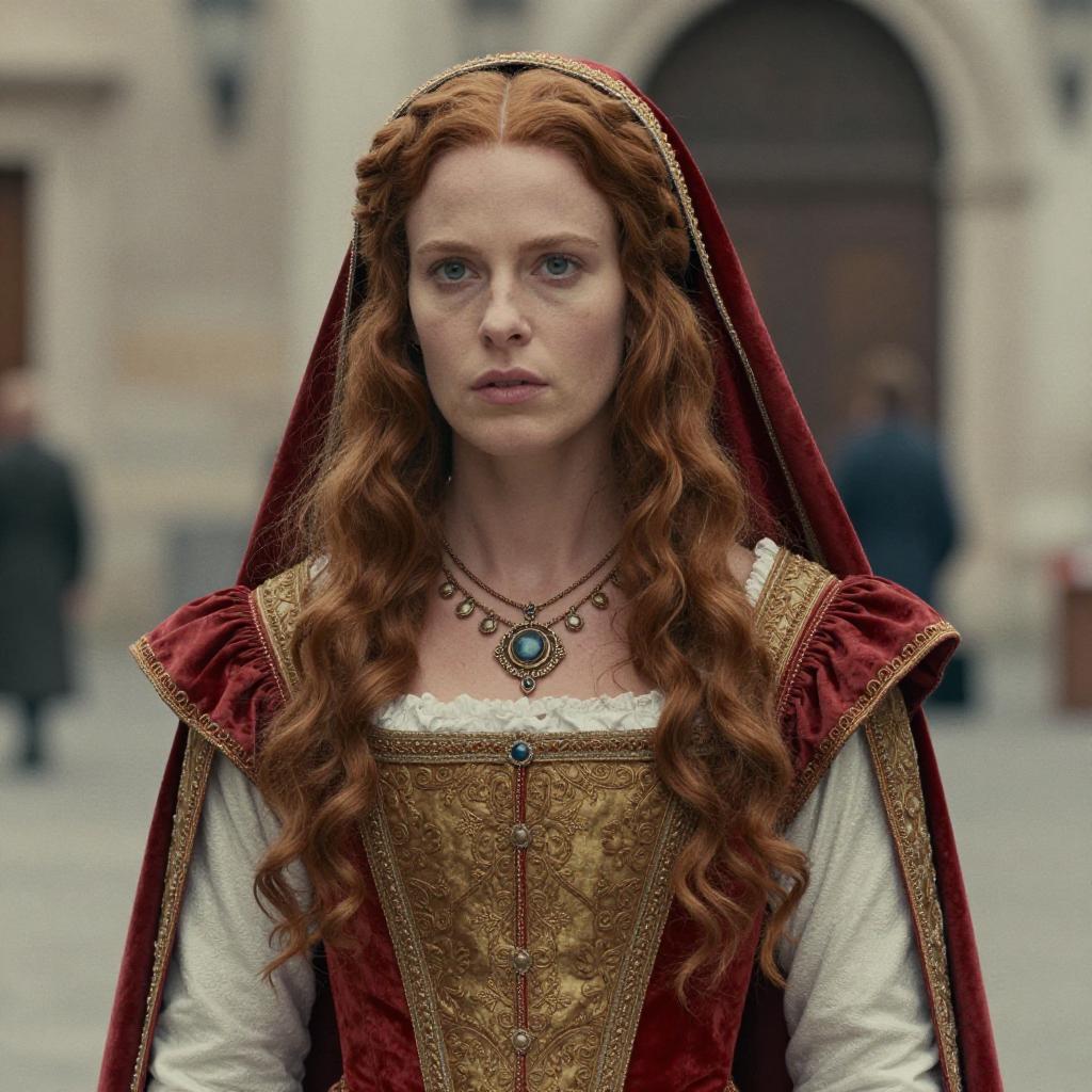 Renaissance Woman in Ornate Red and Gold Dress with Wavy Red Hair