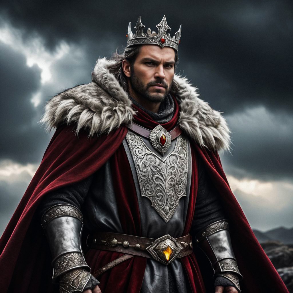 Regal man in medieval armor with crown