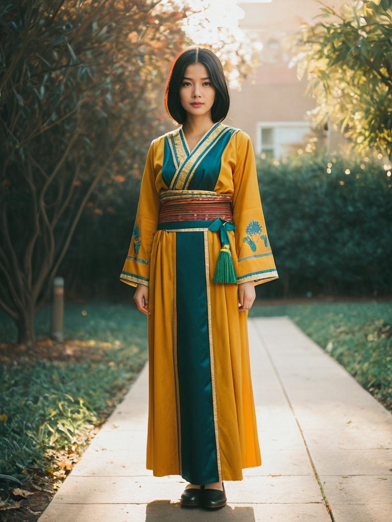 Realistic Suma Costume Cosplay Woman in Traditional Style Robe Outdoors