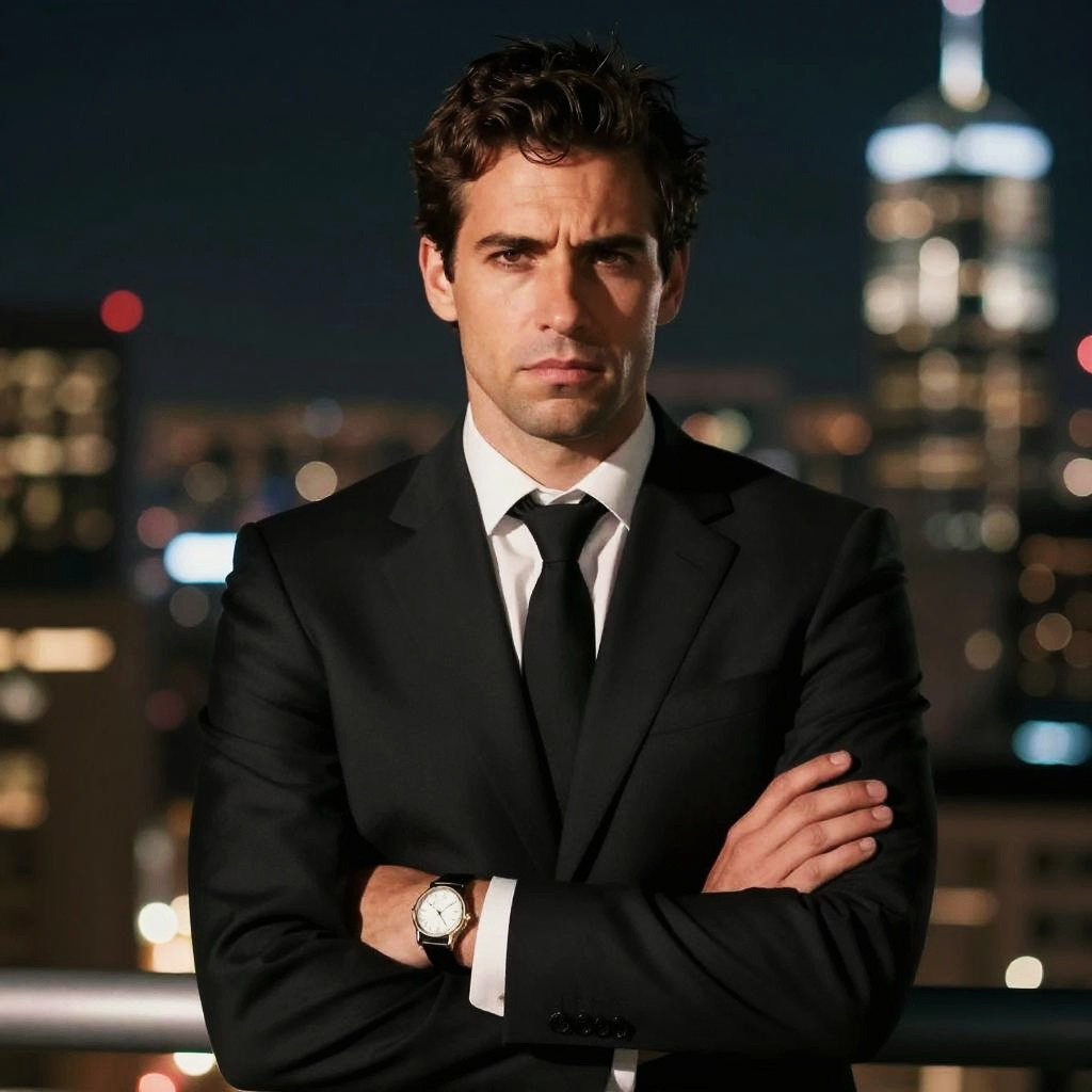 Confident Man in Black Suit at Night Cityscape