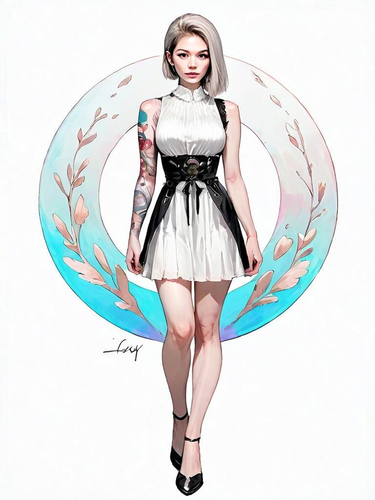 Realistic Comic Style Full Body Portrait of Woman in White Dress with Tattoo