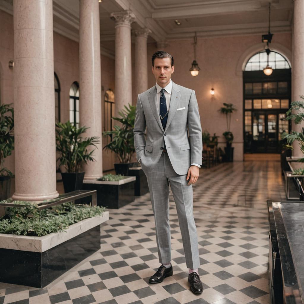 Man in Light Gray Suit in Elegant Hall