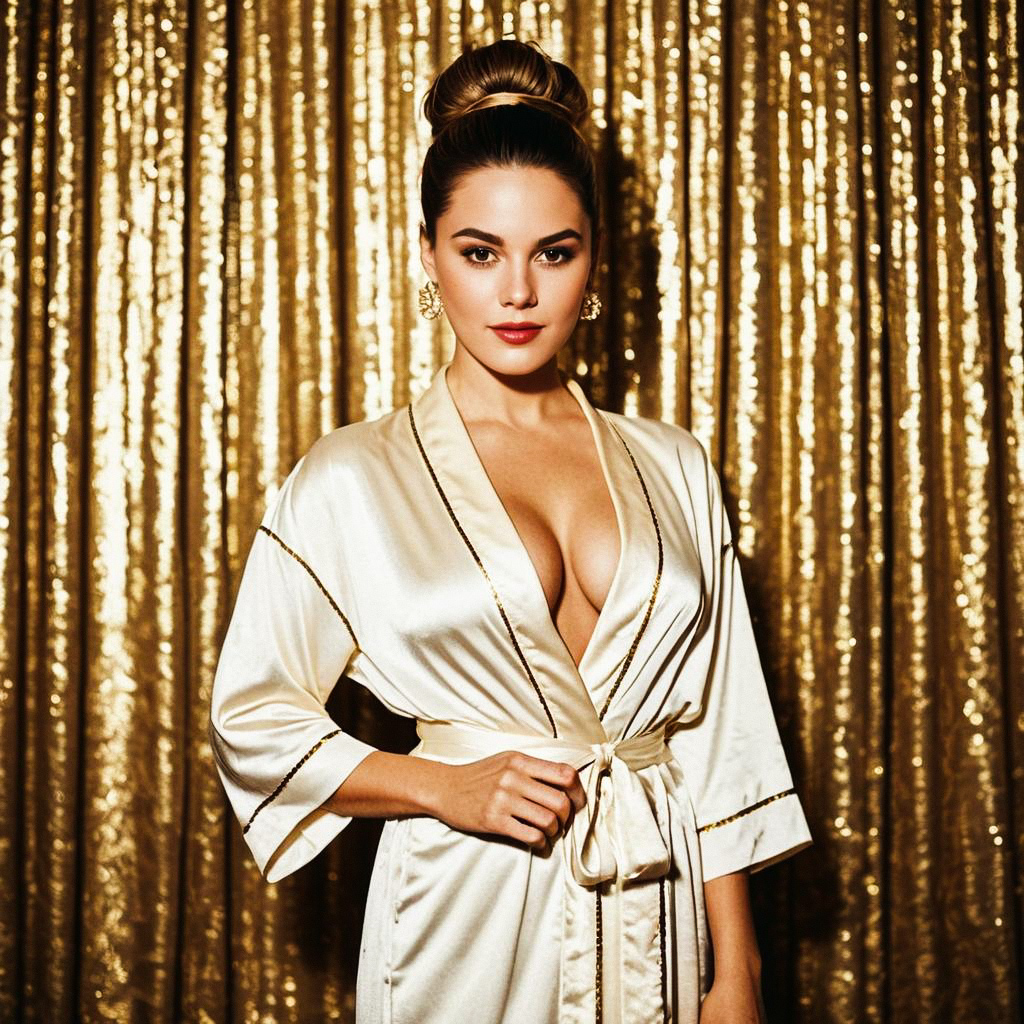Elegant Woman in Silk Robe Against Gold Sequin Backdrop