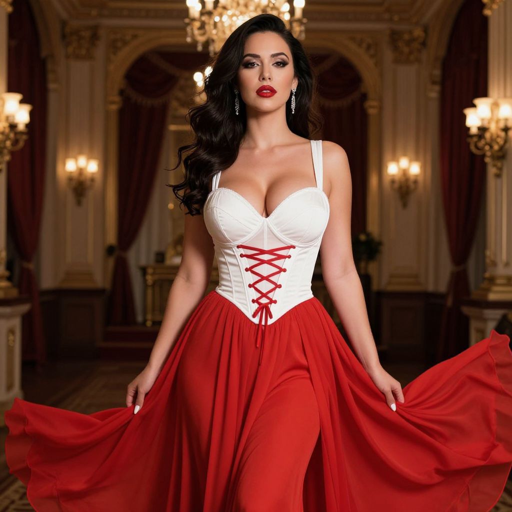 Elegant Woman in Red Skirt and White Corset Posing in Luxurious Interior