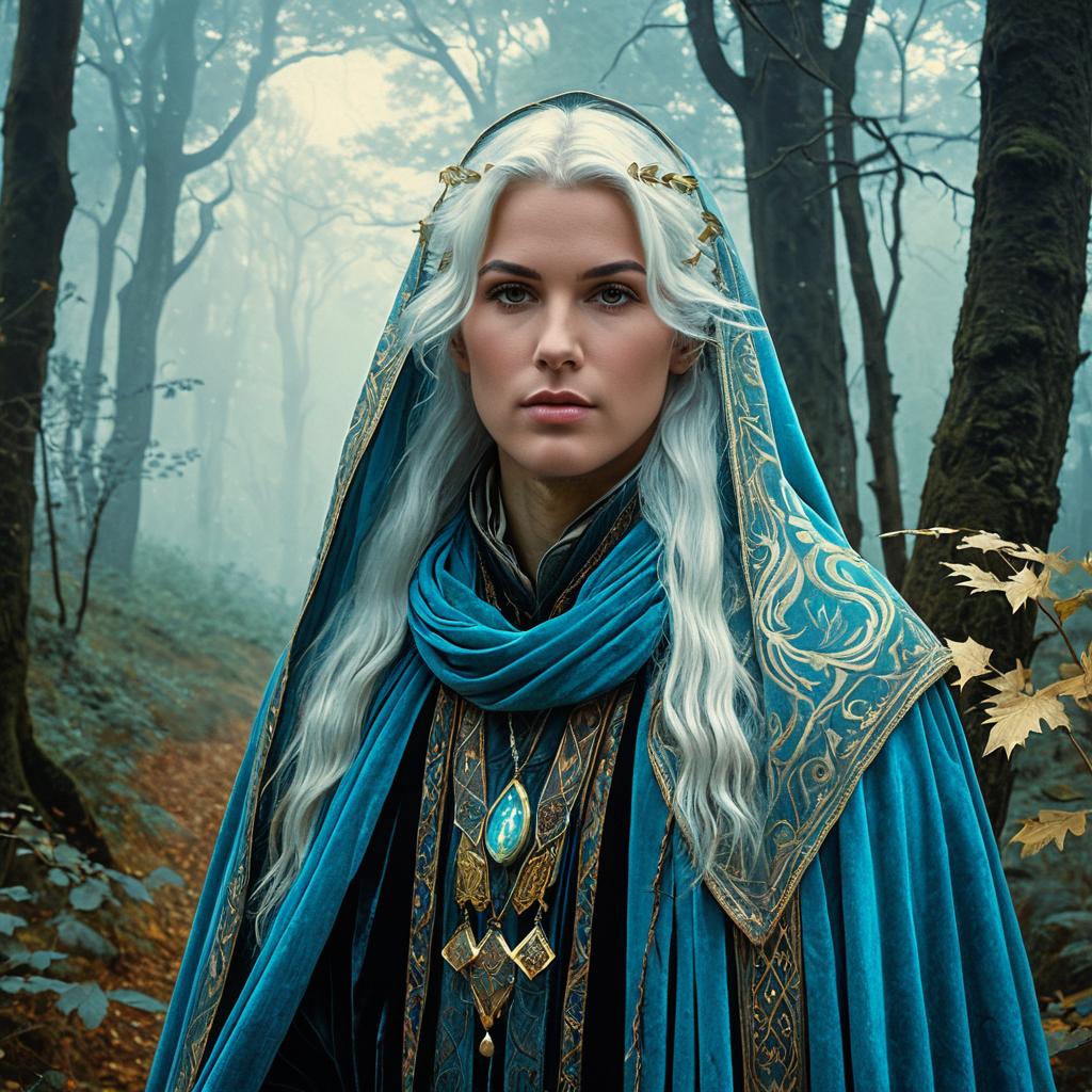 Fantasy Woman in Ornate Blue Robe with White Hair in Mystical Forest